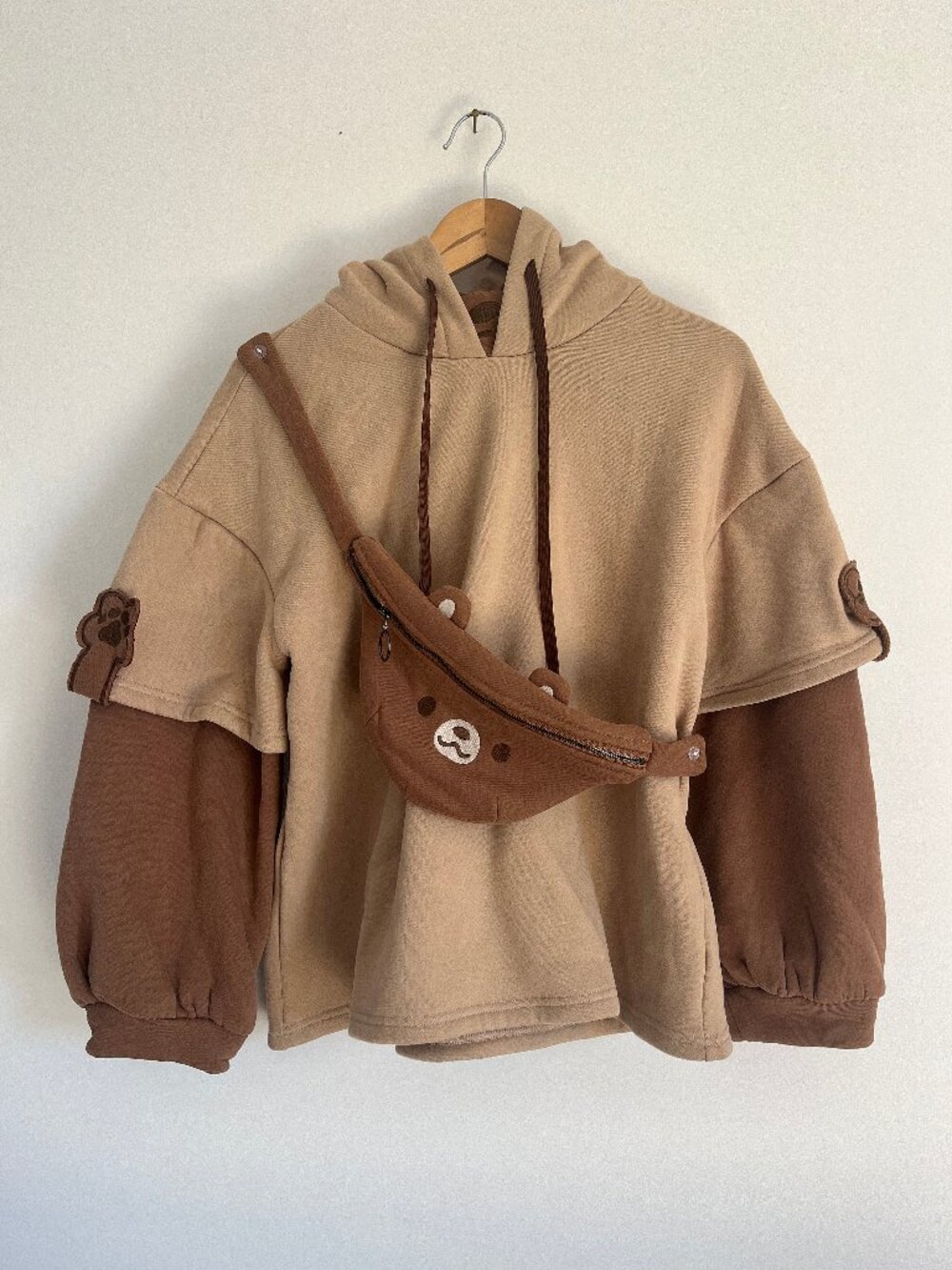 Modakawa Bear Face Fleece Hoodie Kawaii Tan Brown Size L Casual